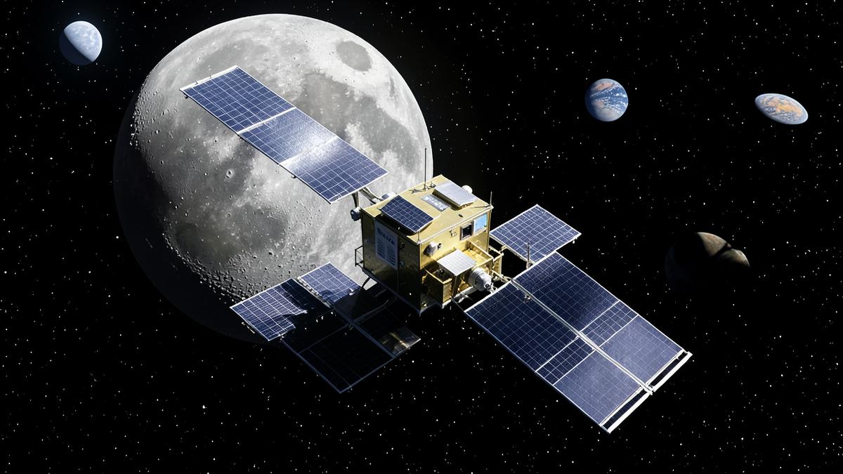 CubeSat with deployed solar arrays in front of the Moon