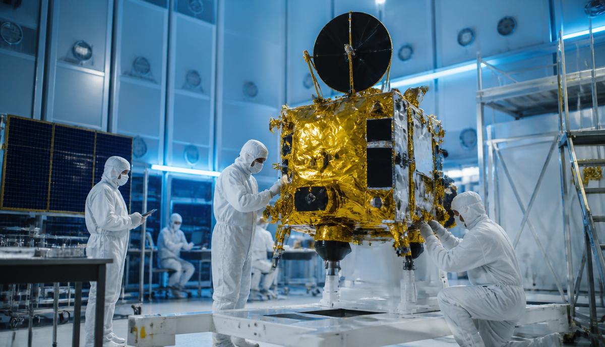 Engineers assembling a gold-foil lunar orbiter in a cleanroom