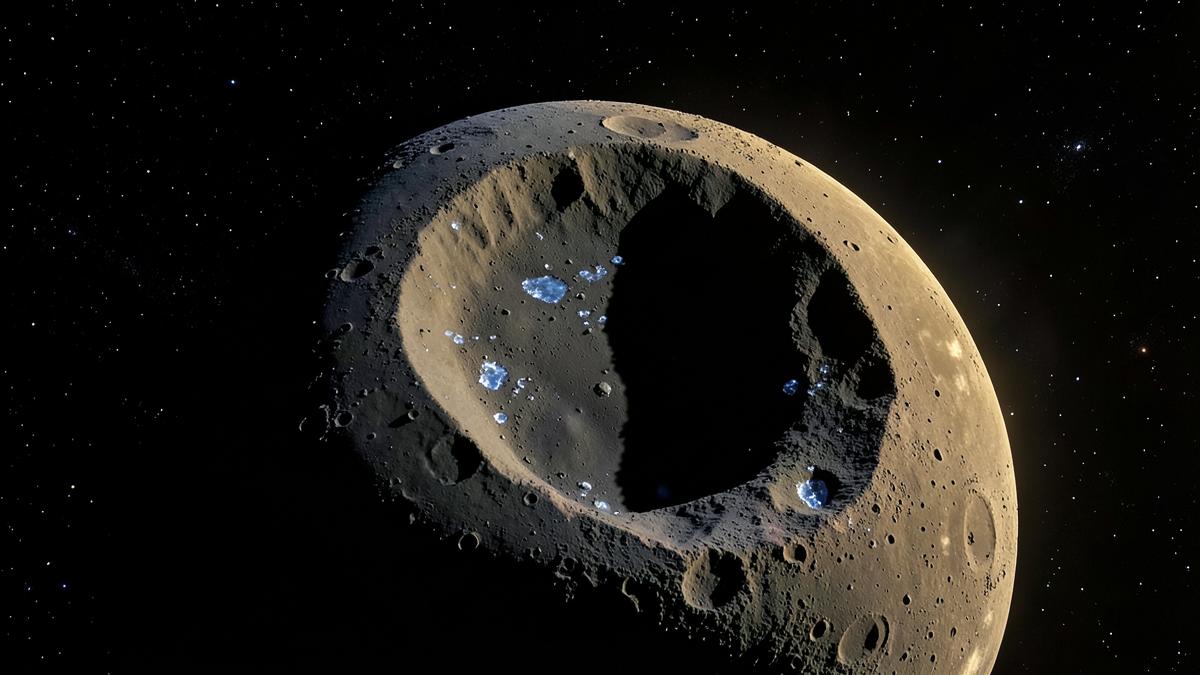 Lunar south pole seen from orbit with ice deposits in shadowed craters