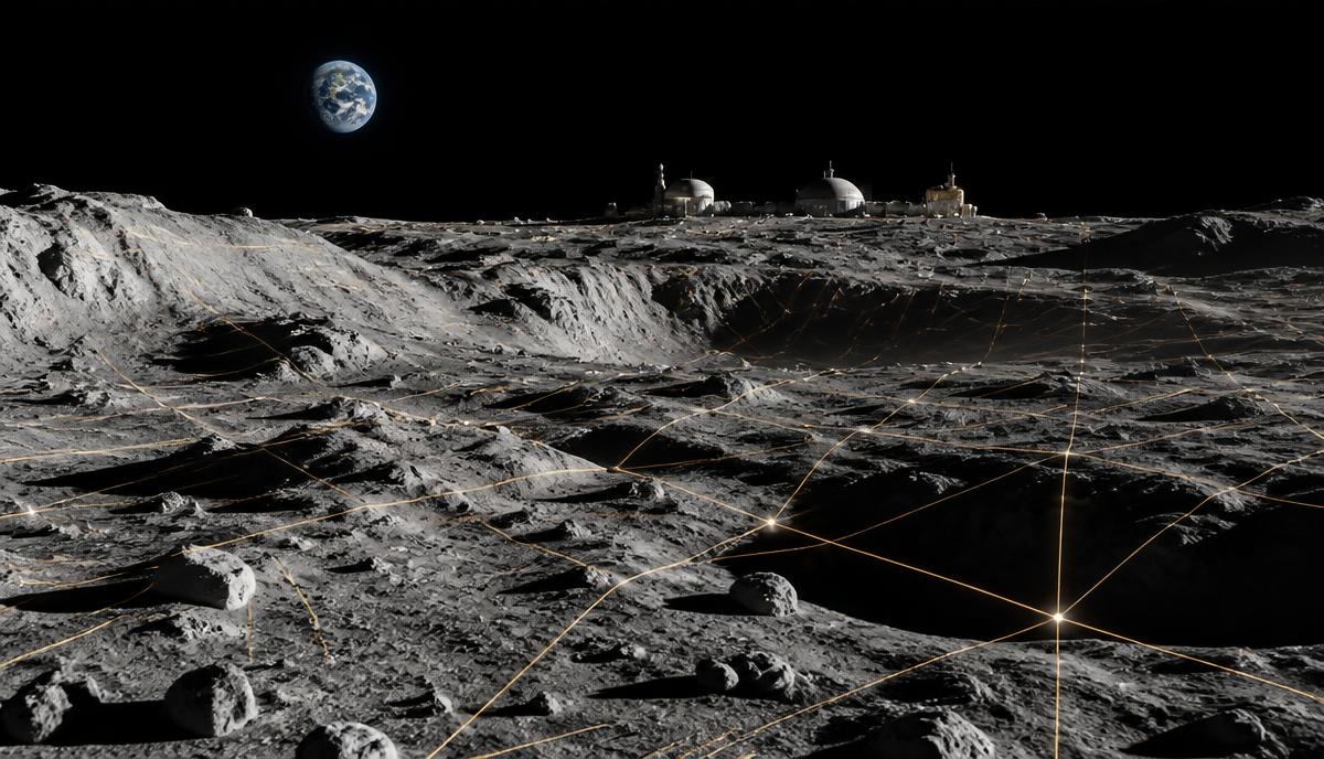Lunar surface survey grid with habitat modules on the horizon and Earth in the sky